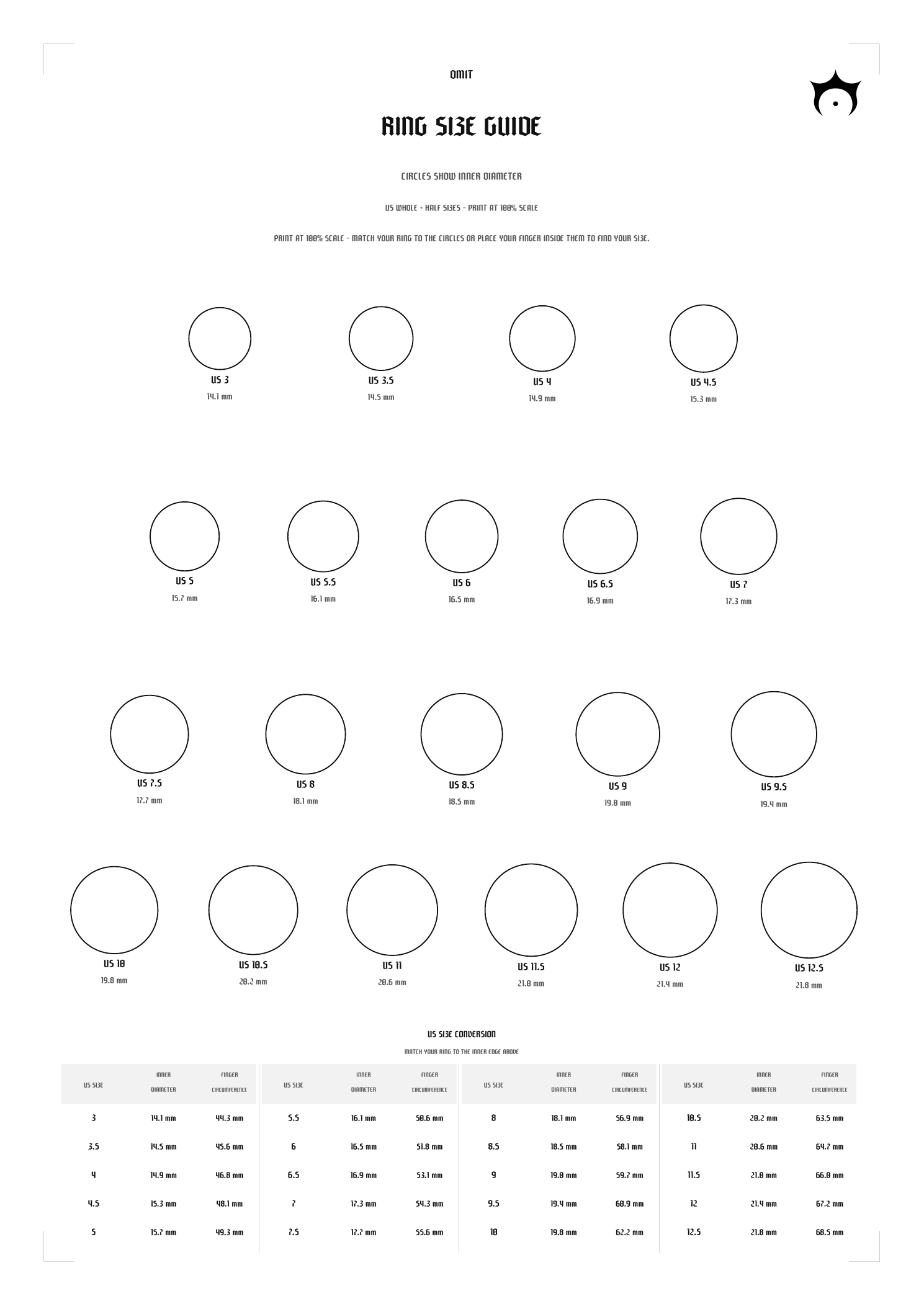 OMIT ring size guide with US whole and half sizes